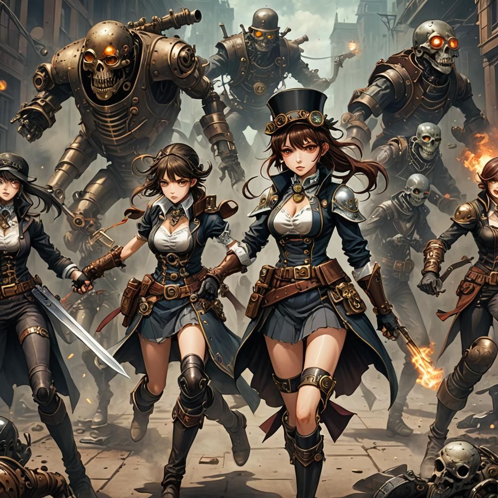 Steampunk Heroine vs. Ghouls in Anime Style
