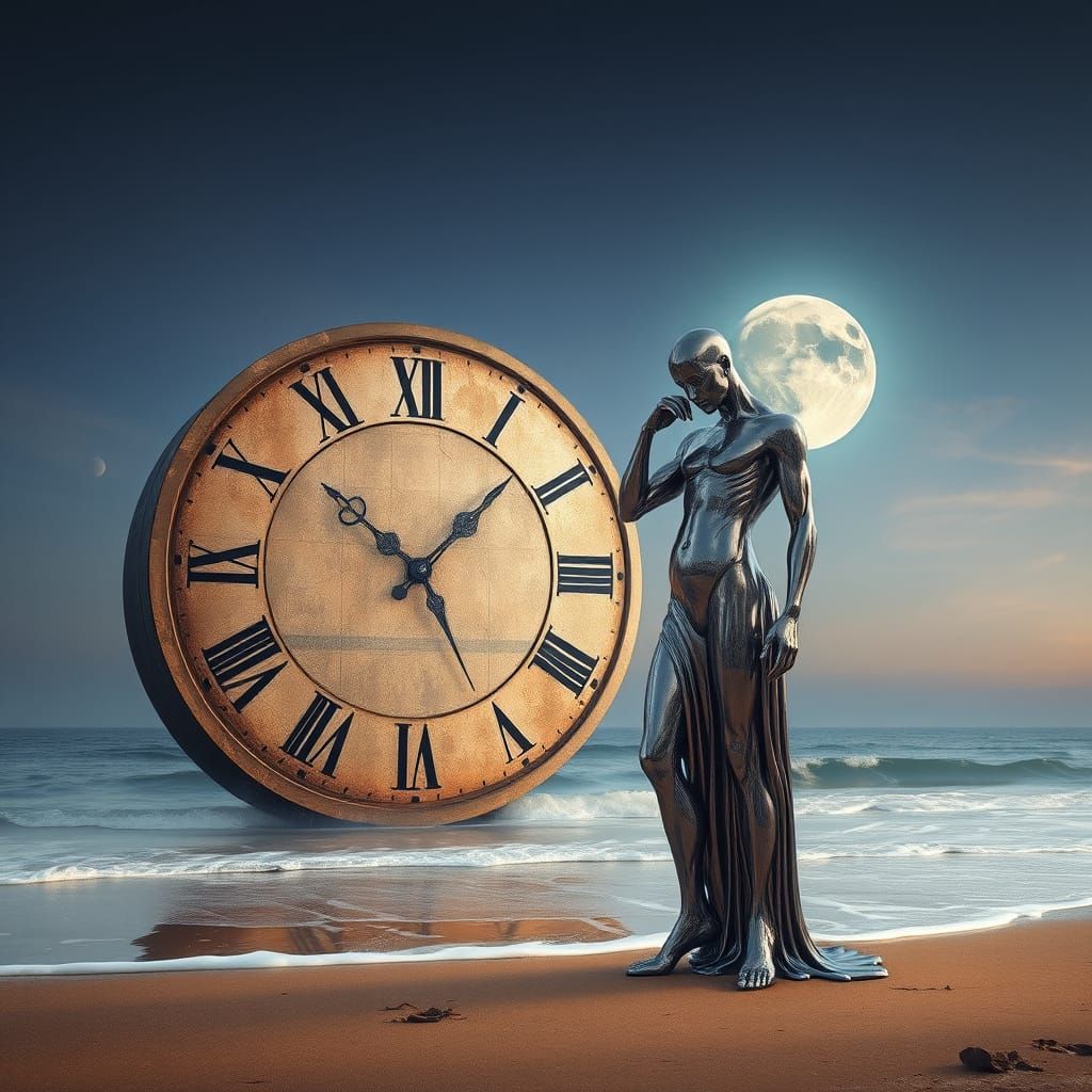 Surrealist Figure Melts Beside a Weathered Clock on a Moonli...