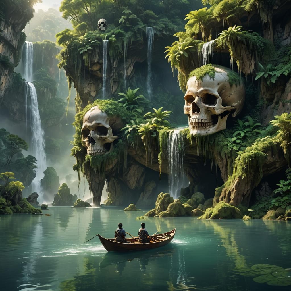 Ethereal Waterfall Cascades from Giant Skull in Lake