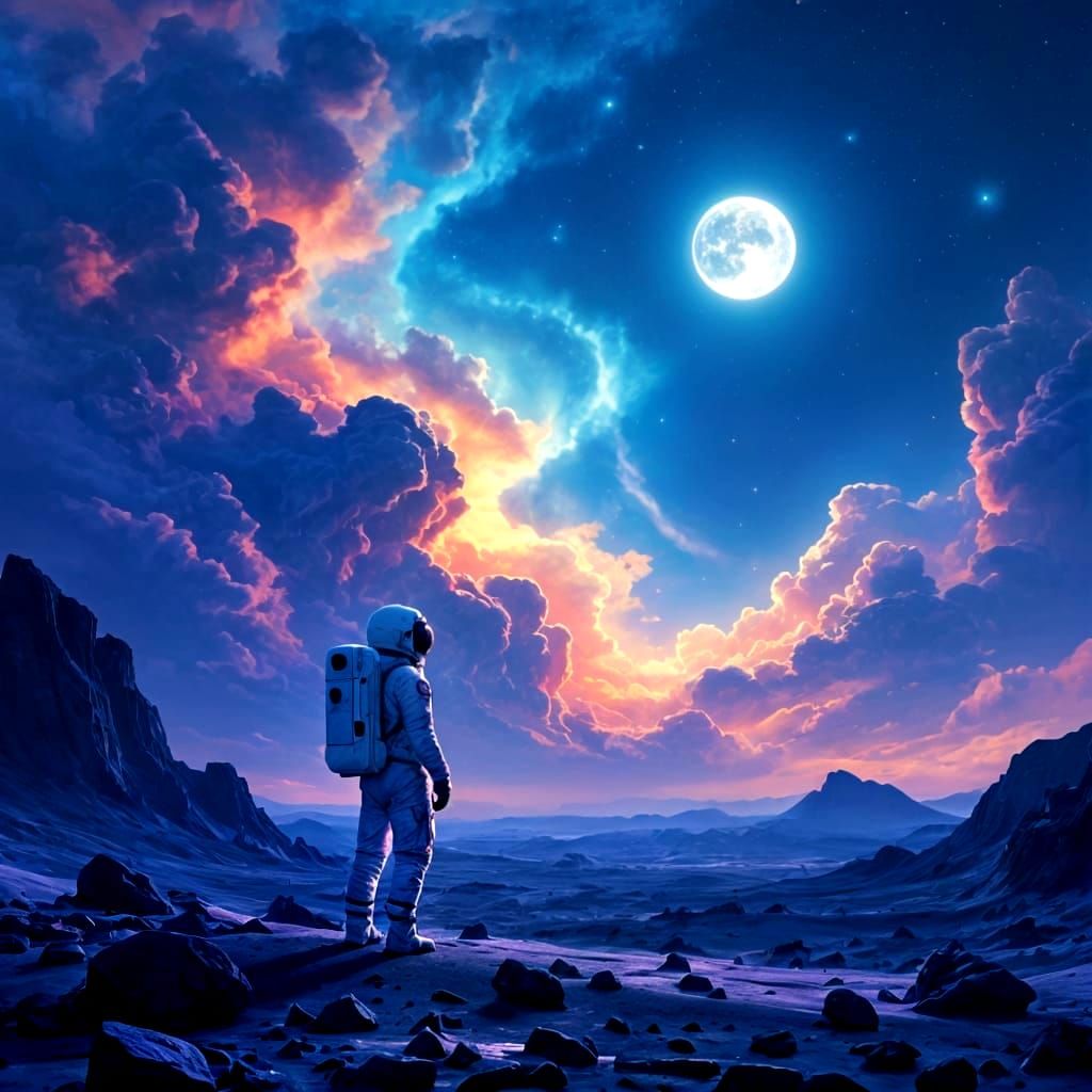 Astronaut Gazes at Alien Sky with Swirling Nebulae