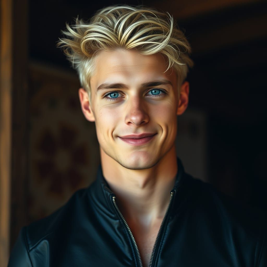 Strong Young Man with Piercing Blue Eyes and Warm Smile