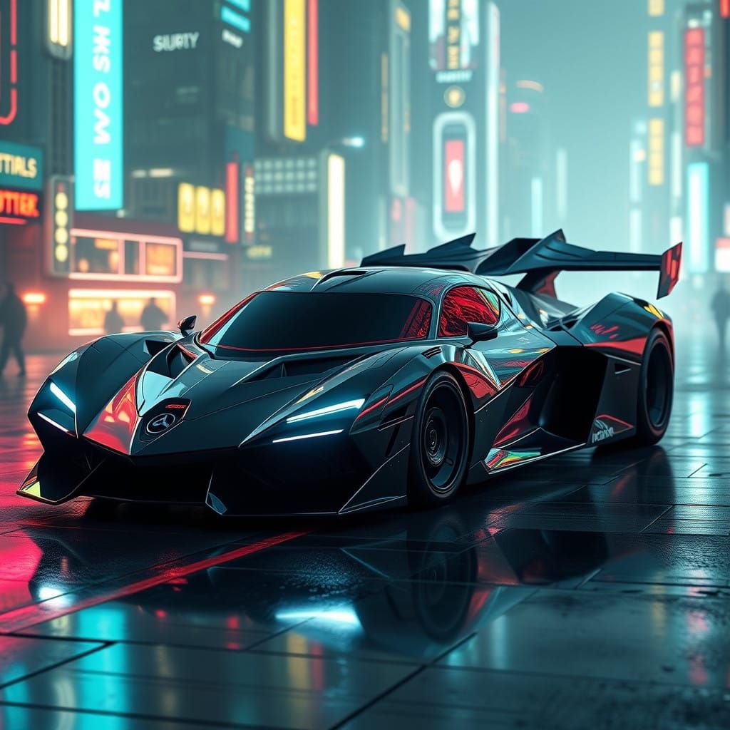 Gritty Cyberpunk Spaceship-Car in Neon Dystopian Cityscape