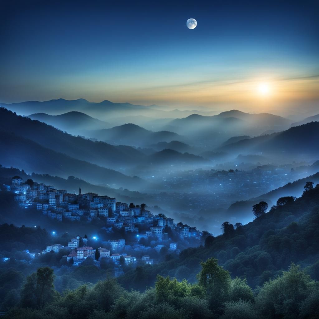 Blue Smog Over Hills: Hyperrealistic Evening Landscape