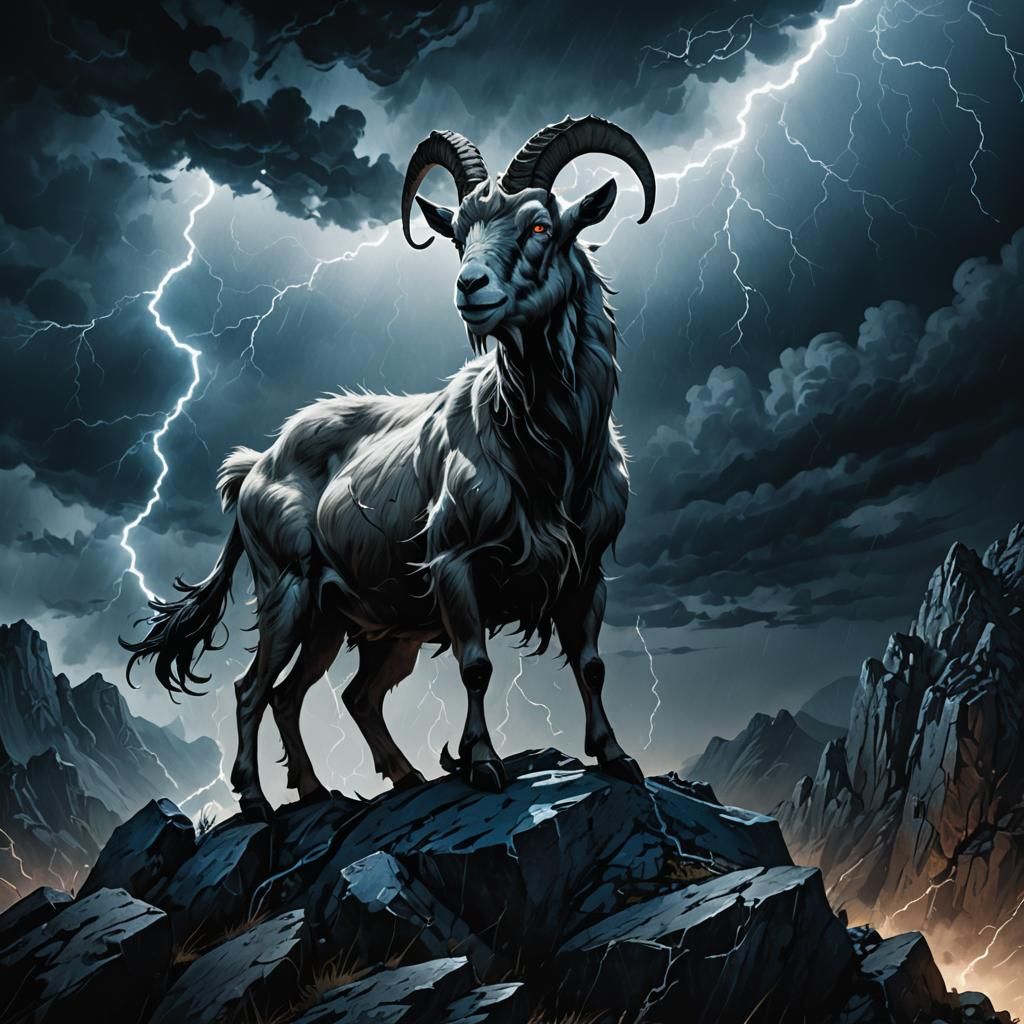 Goat Monster in Lightning Storm: Dark Fantasy Illustration