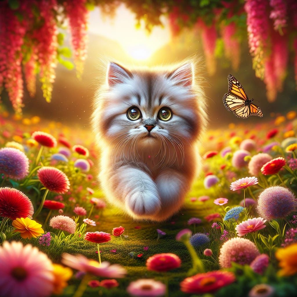 Fluffy Cat Chasing Butterfly in Summer Meadow
