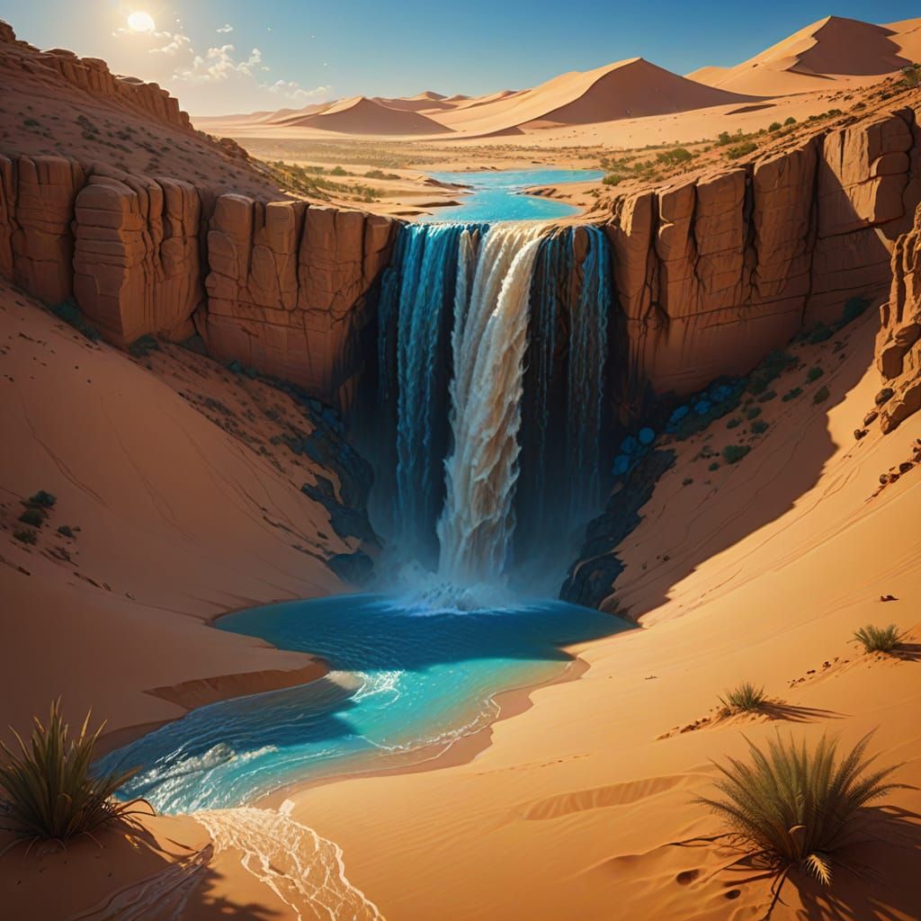 Sahara Waterfall: A Fantasy Oil Painting