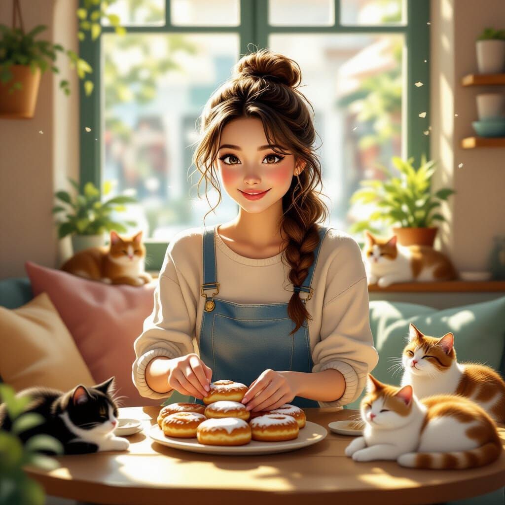 Cozy Cat Cafe Scene with Woman and Cats