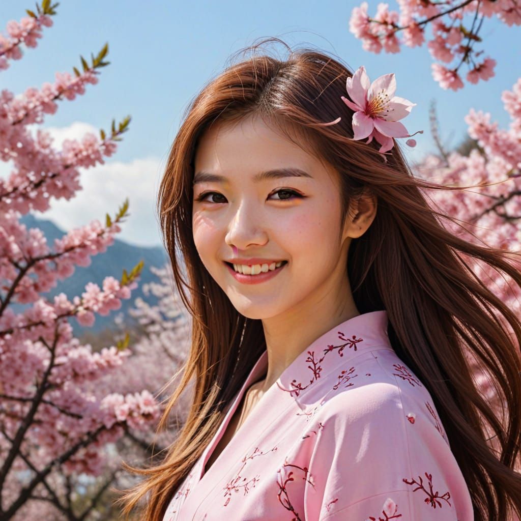 Surreal Sakura Goddess with Long Hair and Radiant Smile