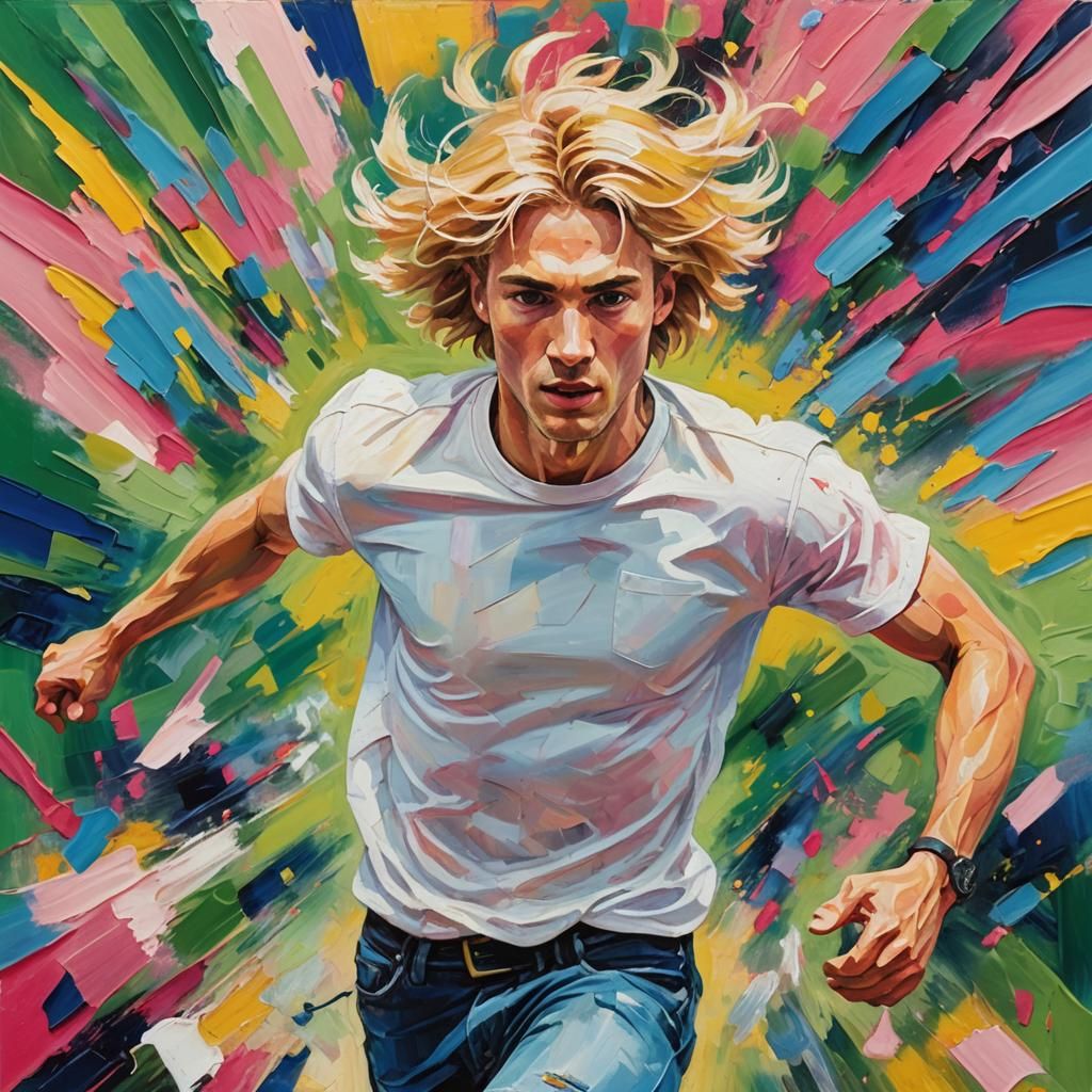 Expressive Young Man Running in Expressionist Oil Painting