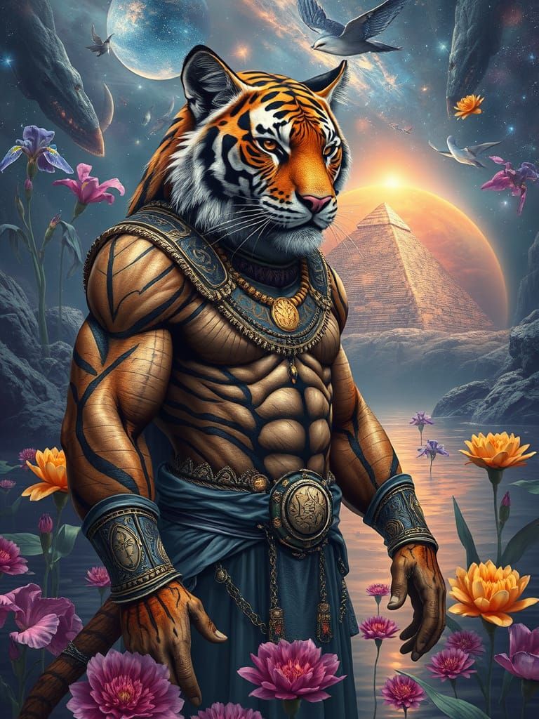 Ancient Galactic Tiger Warrior in Whimsical Pyramid Setting