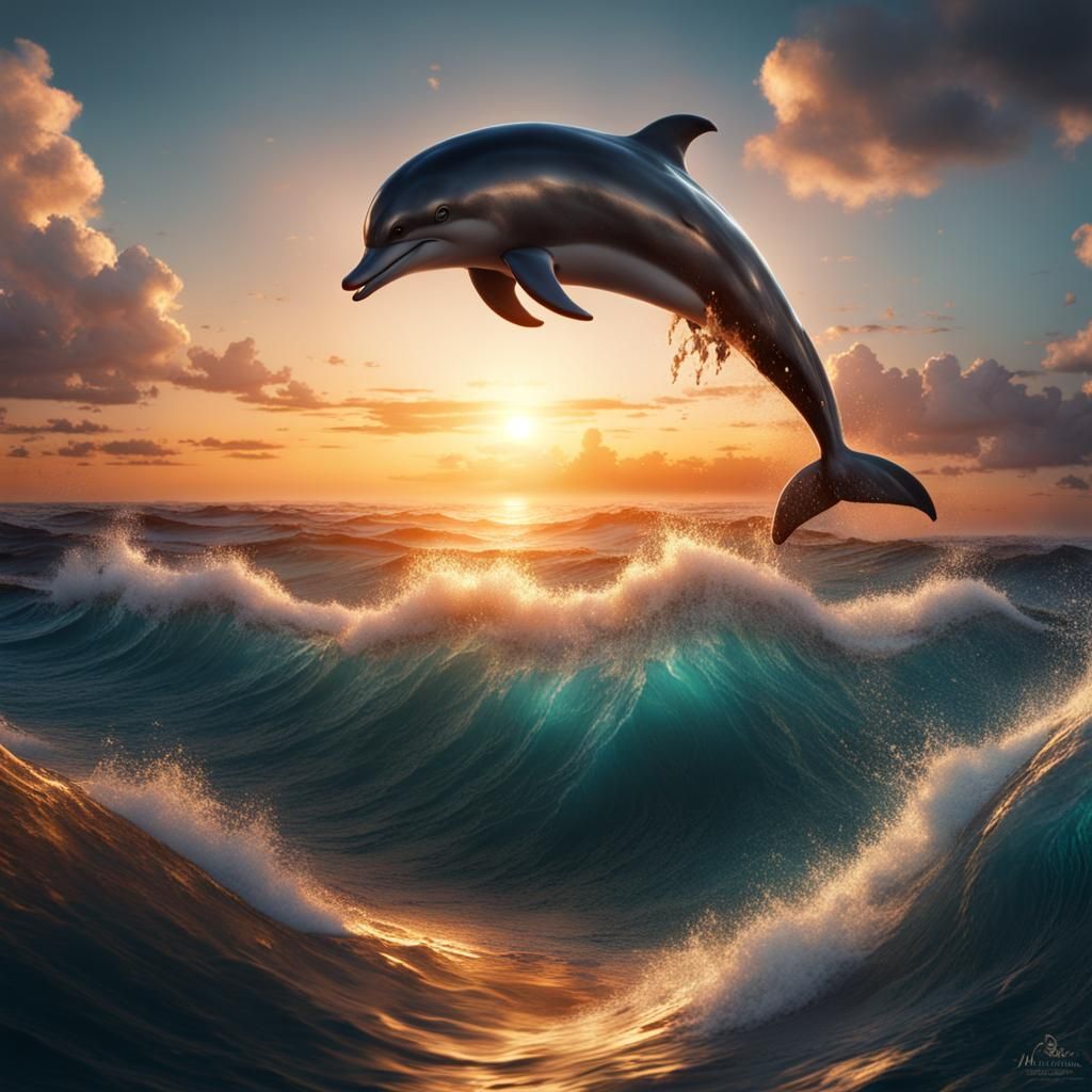 Ocean Sunset with Leaping Dolphin: Fantasy Art