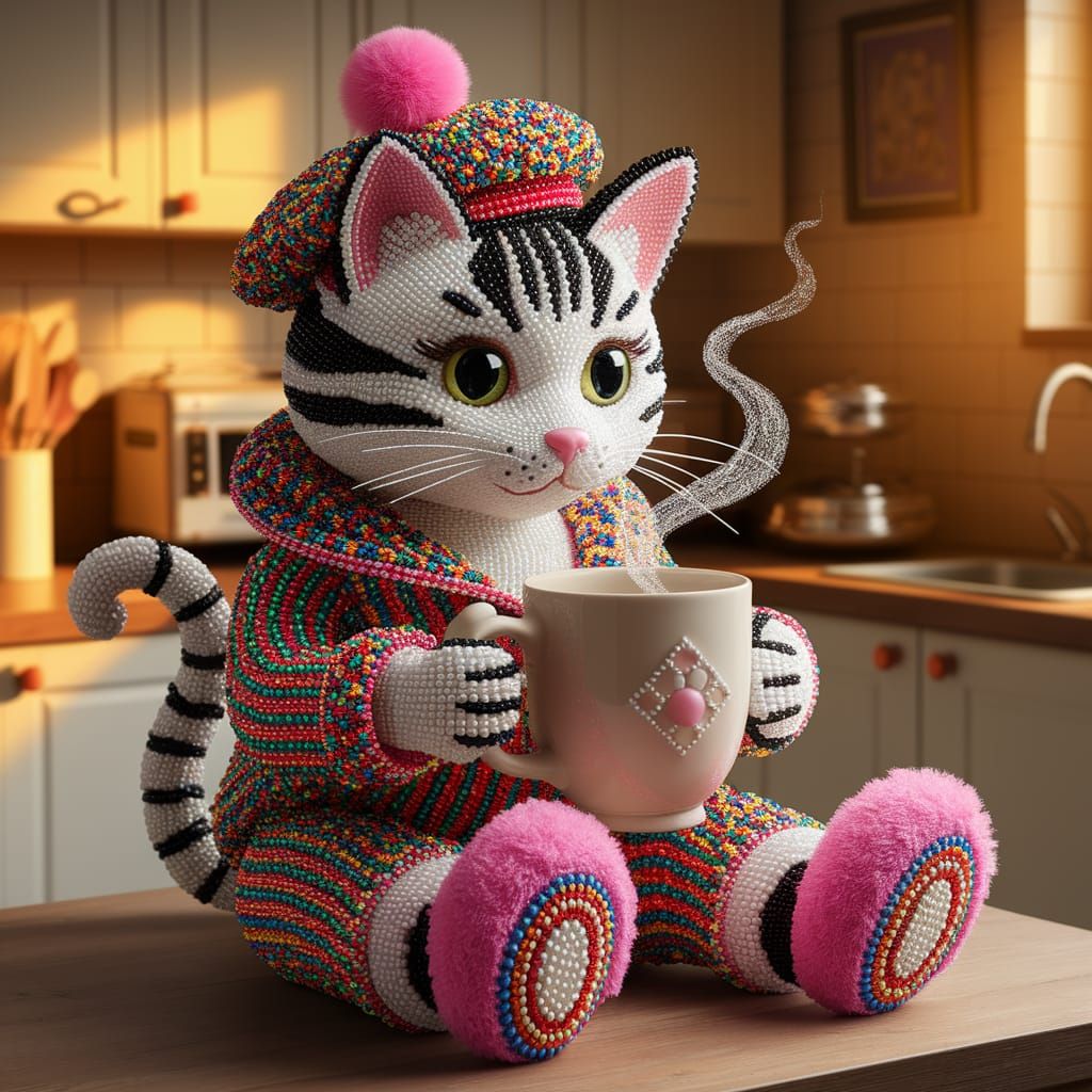 Whimsical Beaded Cat Sculpture in Retro Kitchen