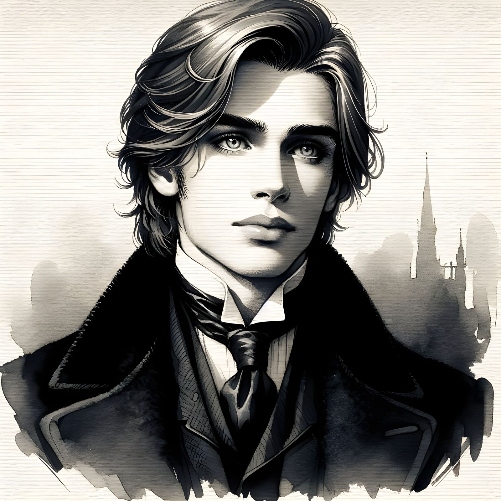 Elegant Young Man in Sepia Watercolour Painting