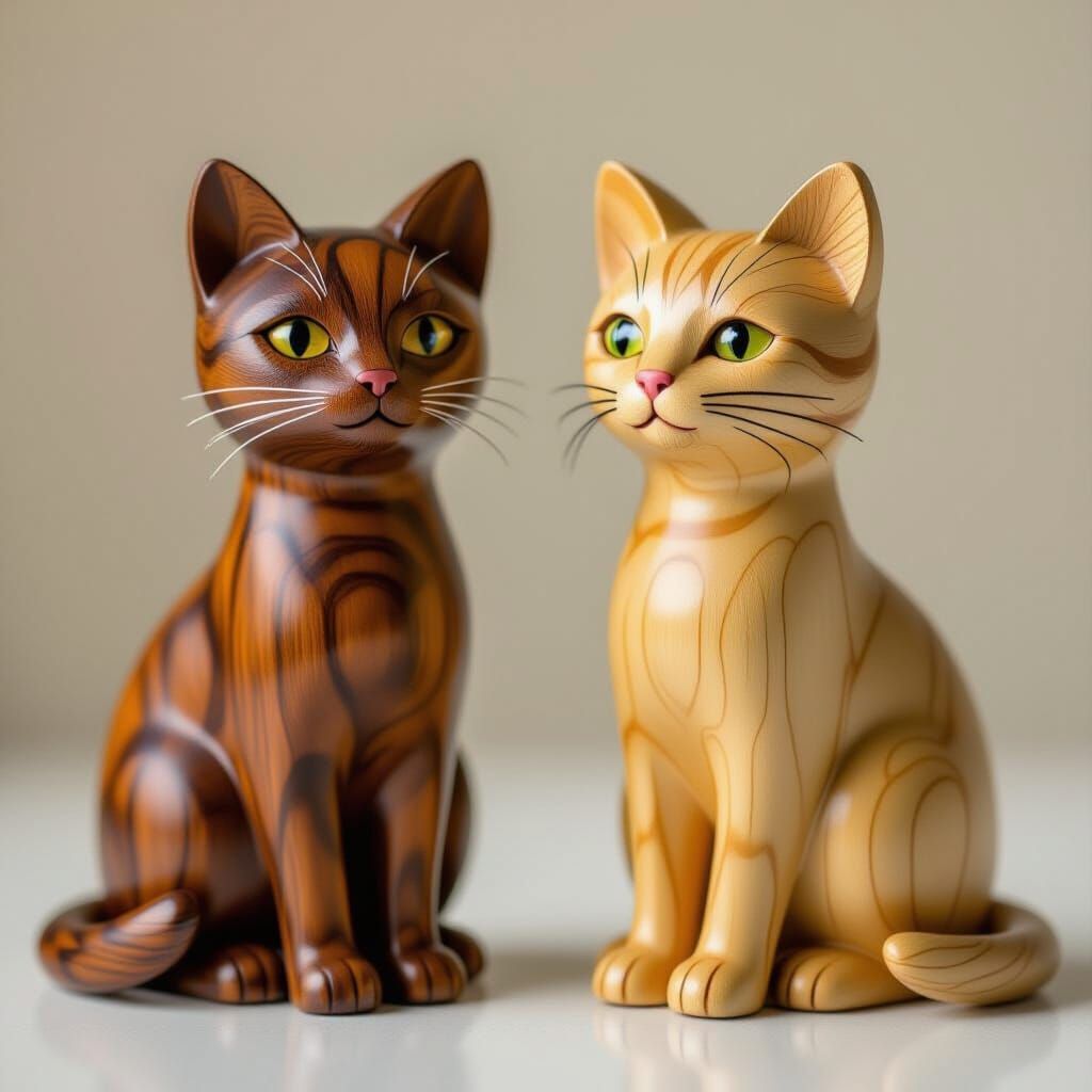 Detailed Wooden Cat Figurines in 4K Resolution
