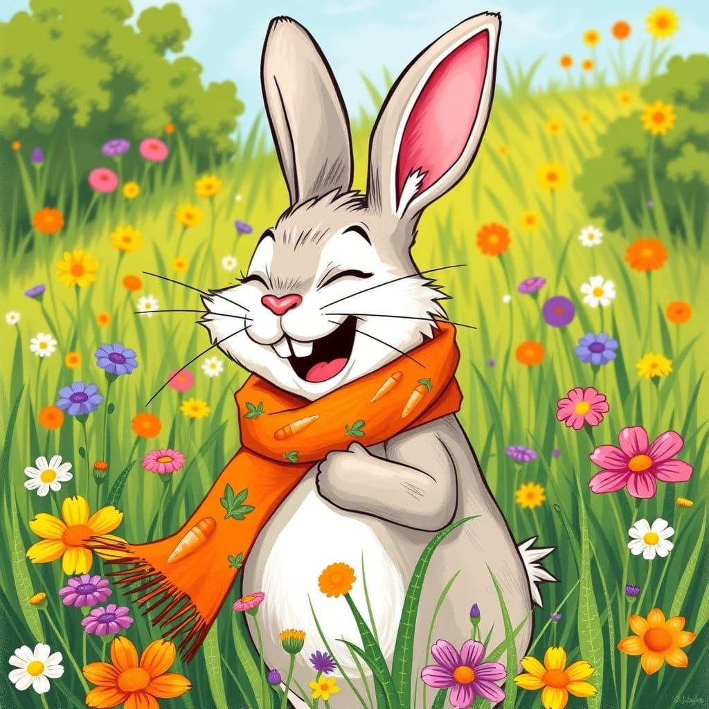 Laughing Bunny with Carrot Scarf in Vibrant Meadow
