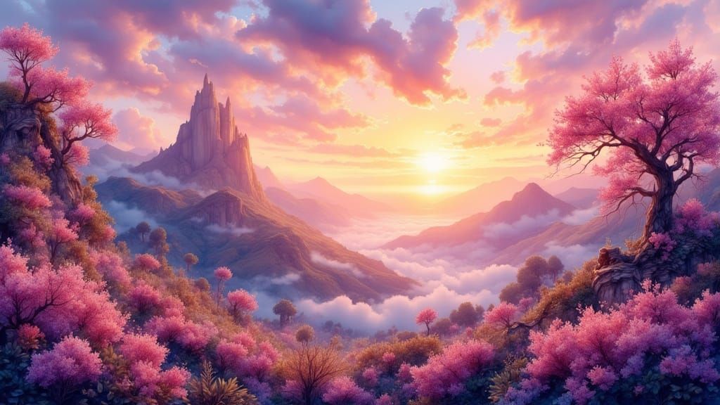 Sunrise Mountainscape in Vibrant Matte Painting Style