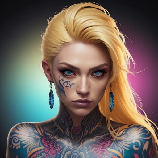 Tattooed Blonde in Vibrant Splash Art Style