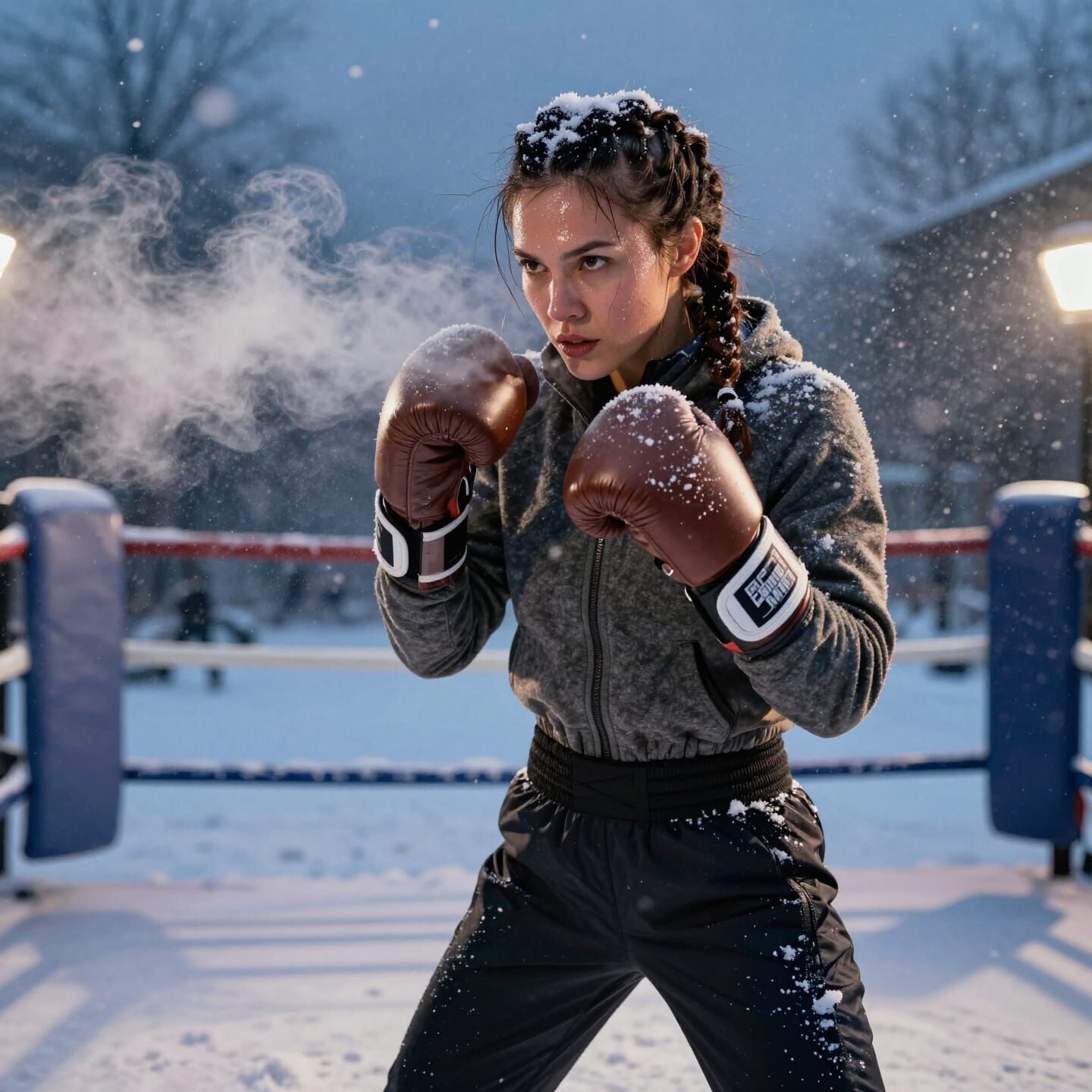 Frozen Contender: Cinematic Sports Photo of Fierce Boxer