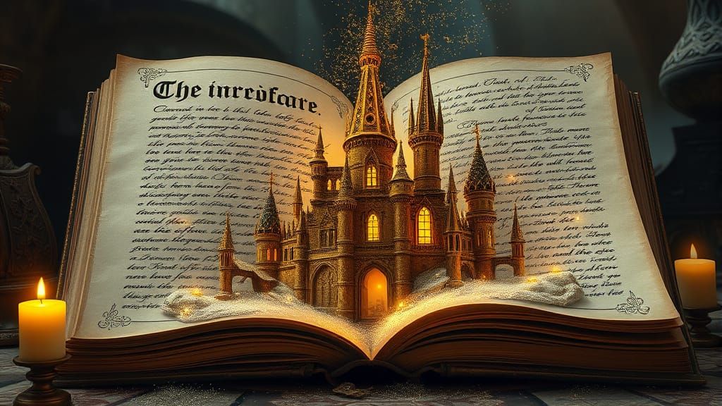 Enchanted Castle Emerges from Ancient Tome in Vibrant, Surre...