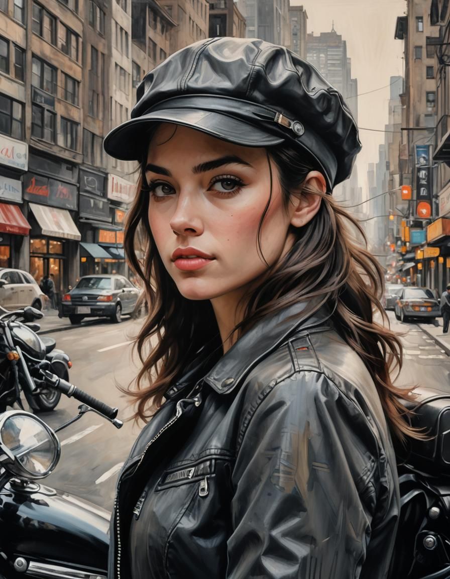 Hyper-Realistic Charcoal Girl on Motorcycle