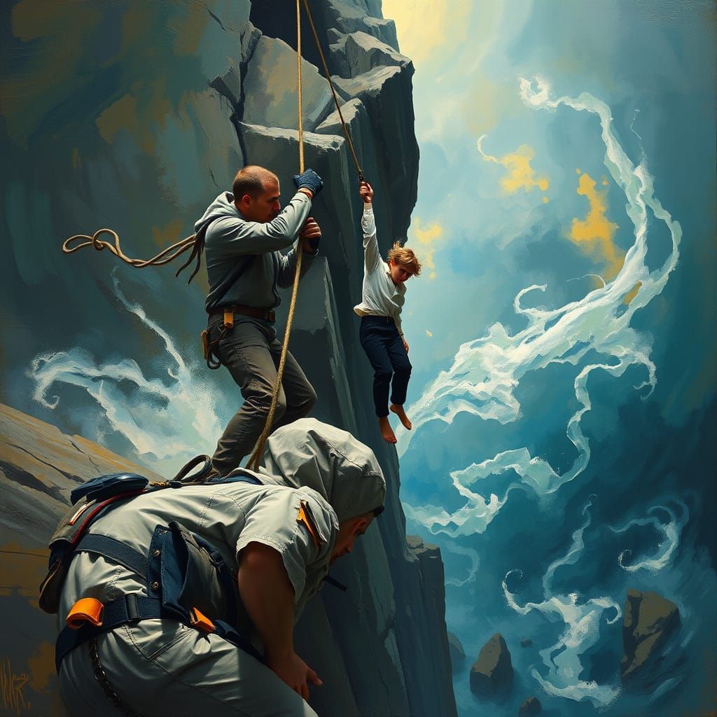 Semi-Realistic Cliff Rescue in Dreamlike Atmosphere