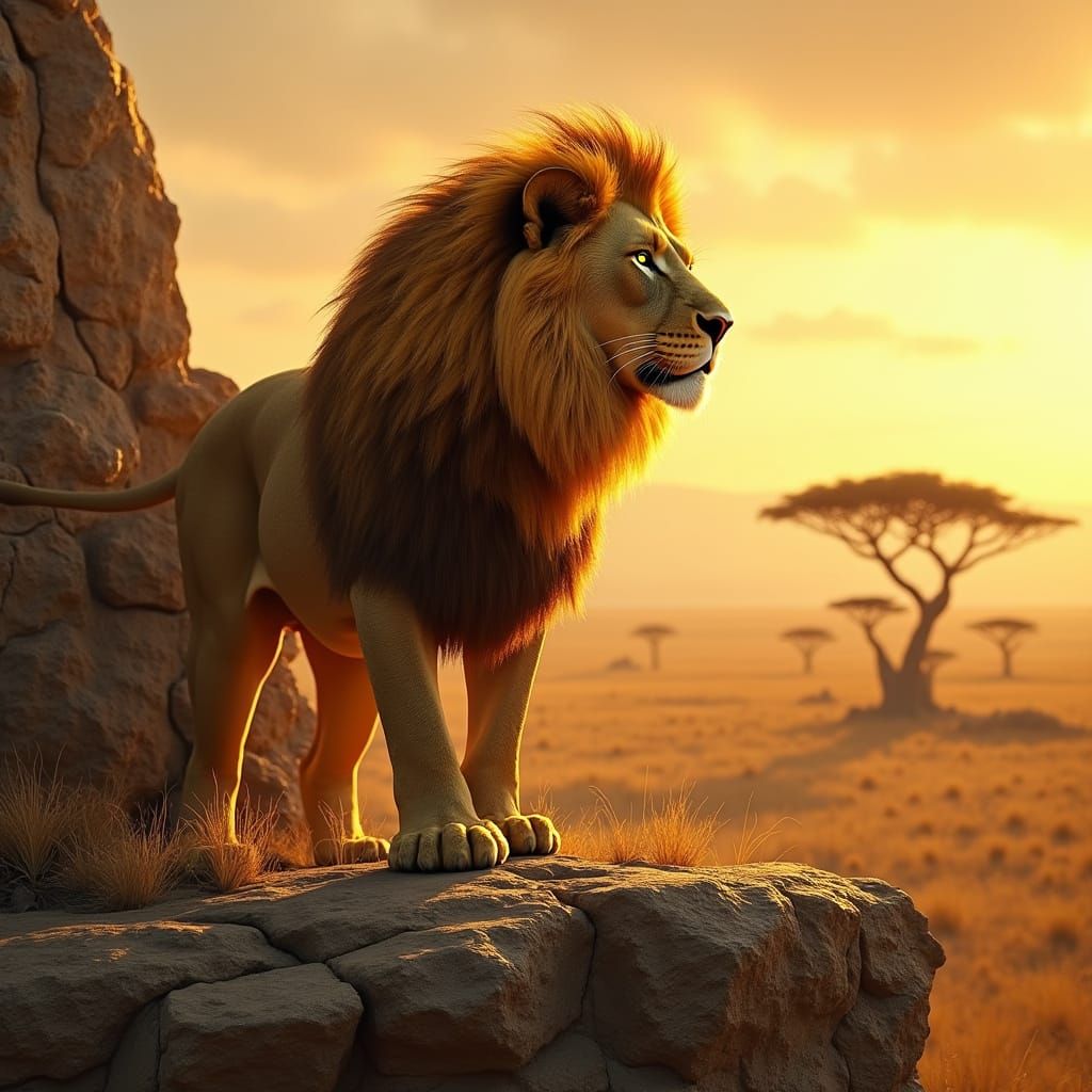 Regal Lion Dominates Savannah in Golden Light