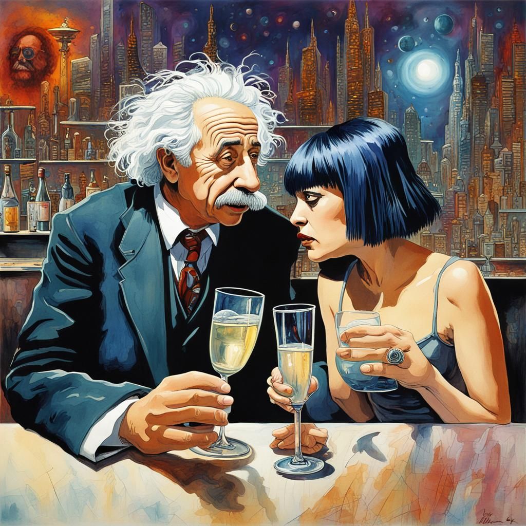 Cyborgs Einstein and Lily Allen in Futuristic City