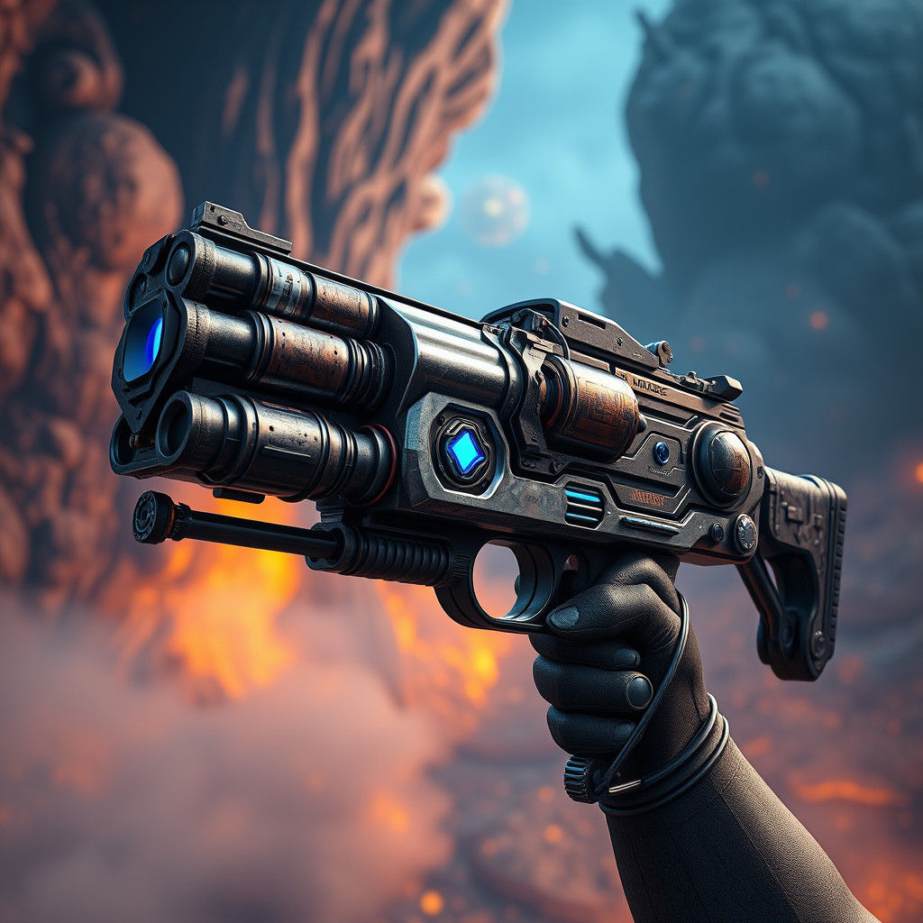 Intricate Arm-Mounted Gun in a Fantastical Matte Painting