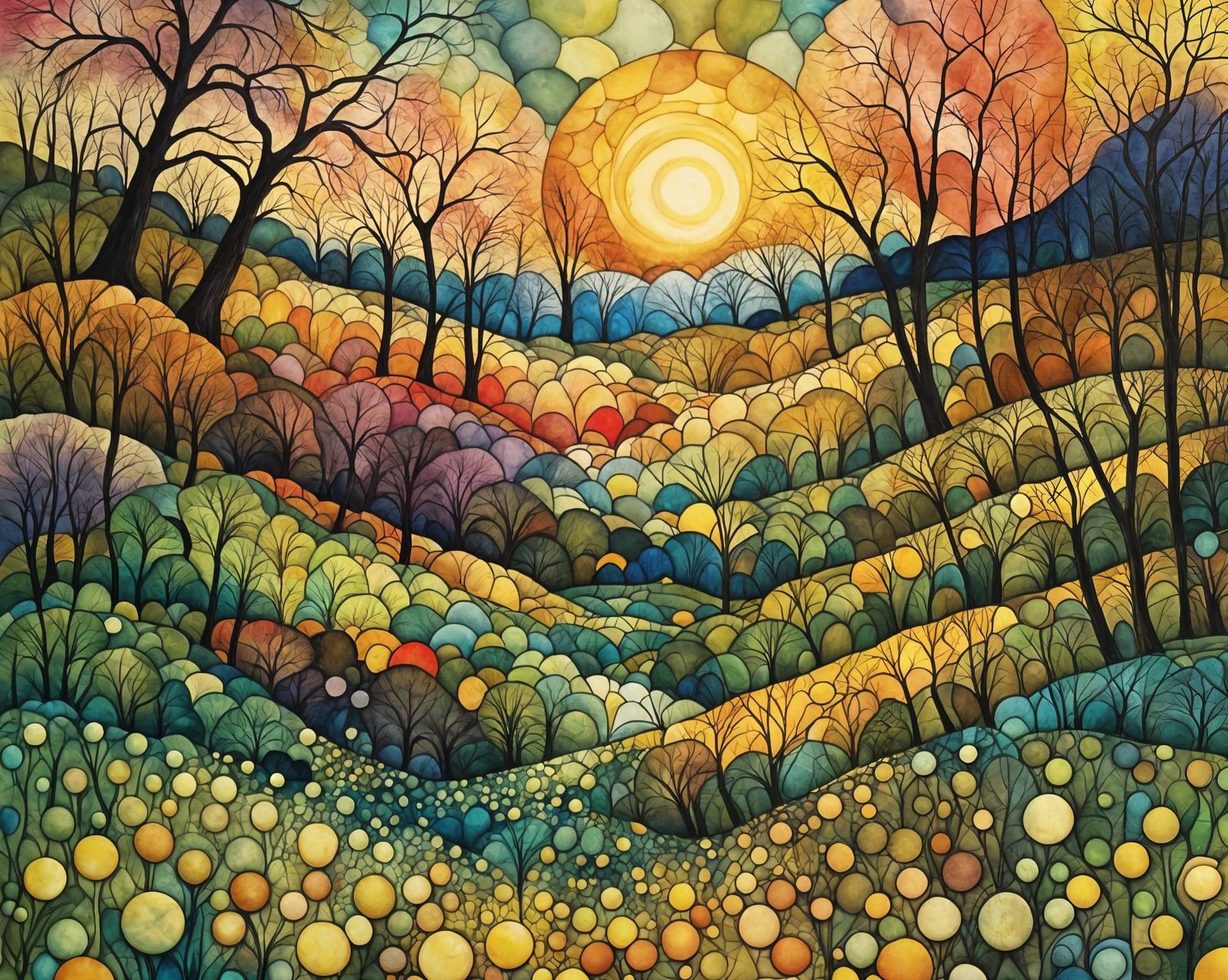 Encaustic Spring Landscape with Golden Sunset