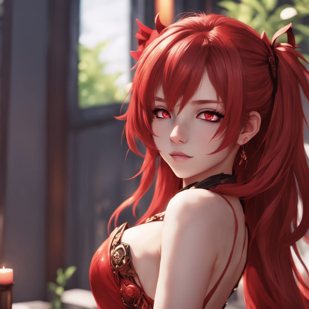 Beautiful Red-Haired Woman in Anime Style