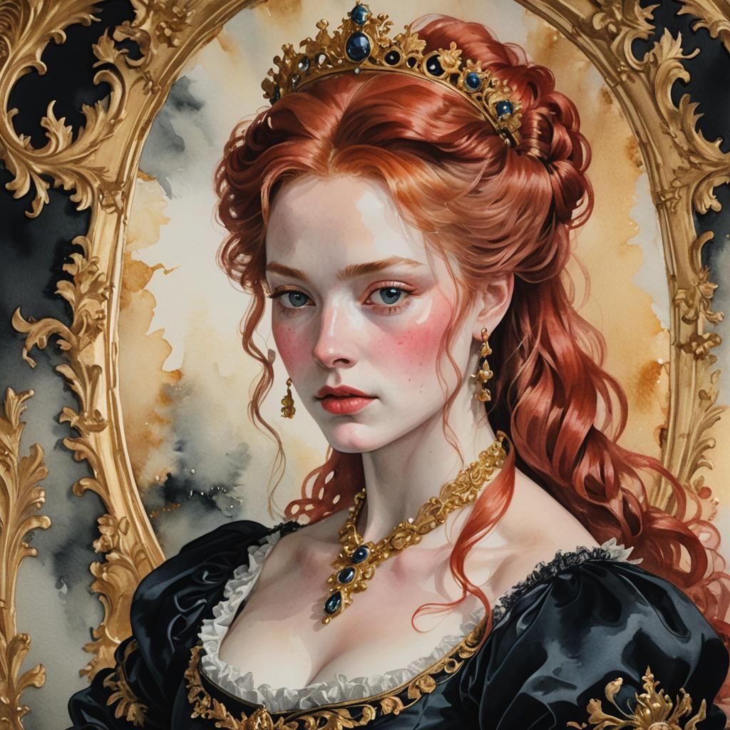 Red-Haired Queen: Rococo Watercolor Portrait