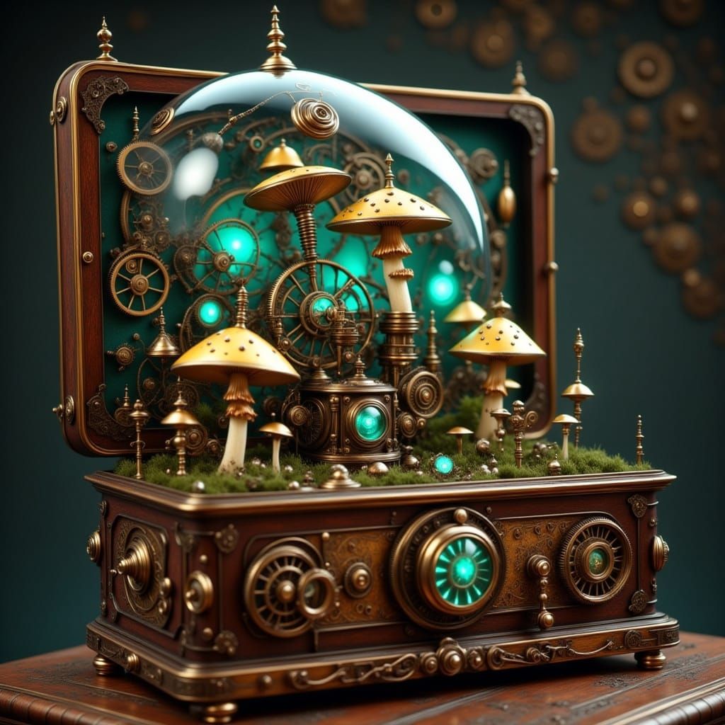 Steampunk Music Box Diorama with Bioluminescent Mushrooms