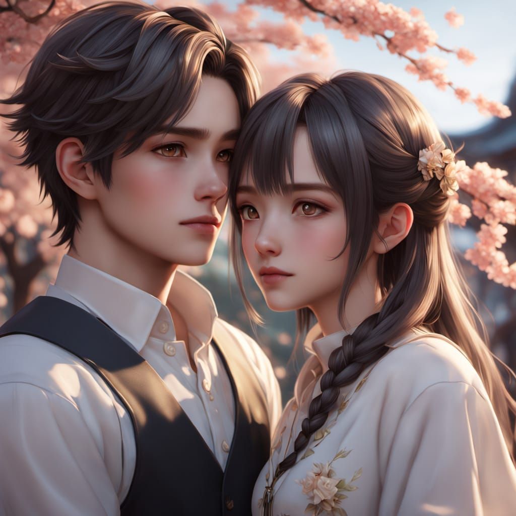 Cute Couple on a Date in Anime Style Park