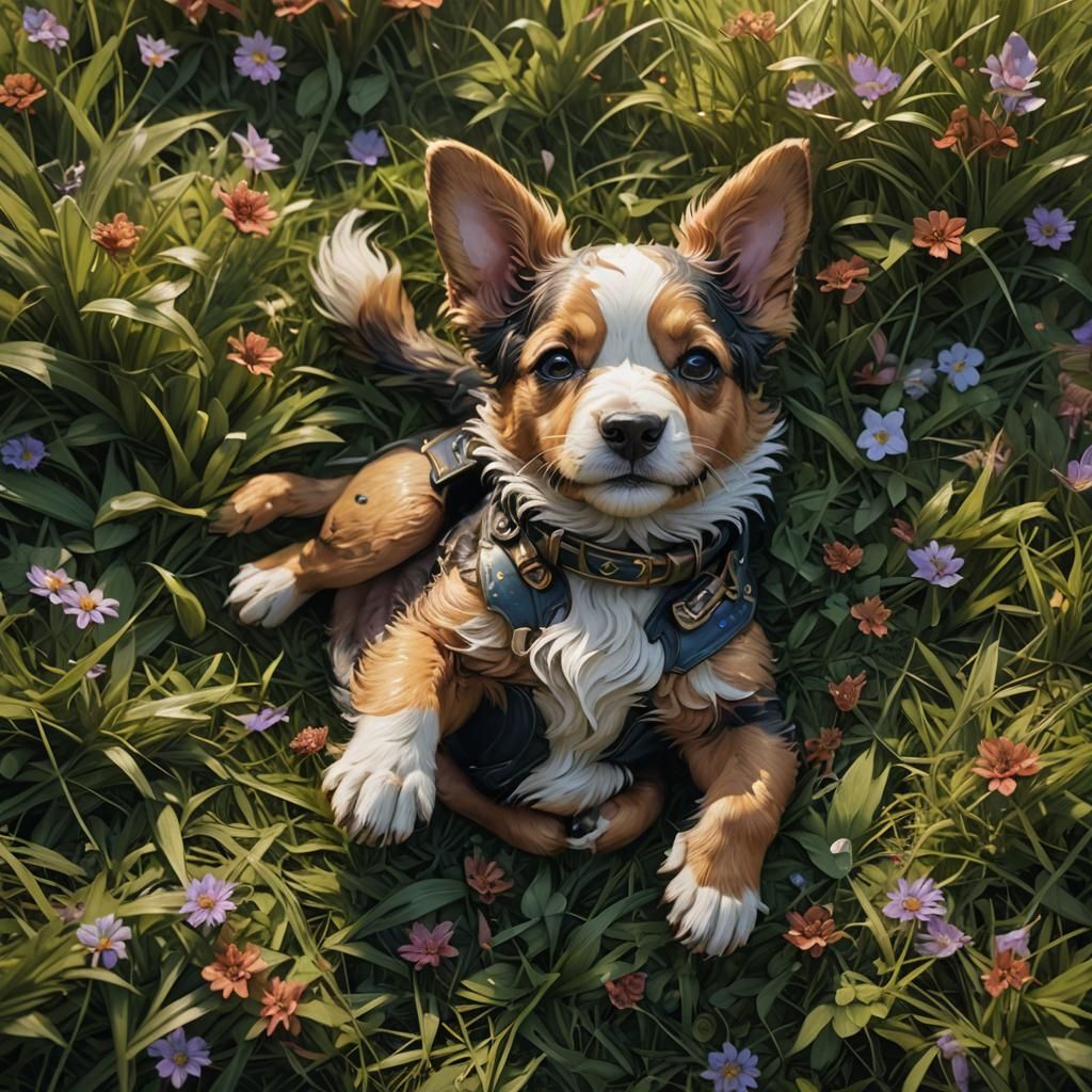 Baby Malamute Dog in Grass: Digital Art