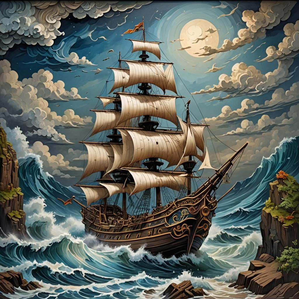 Paper Pirate Ship on Stormy Ocean as Wood Carving