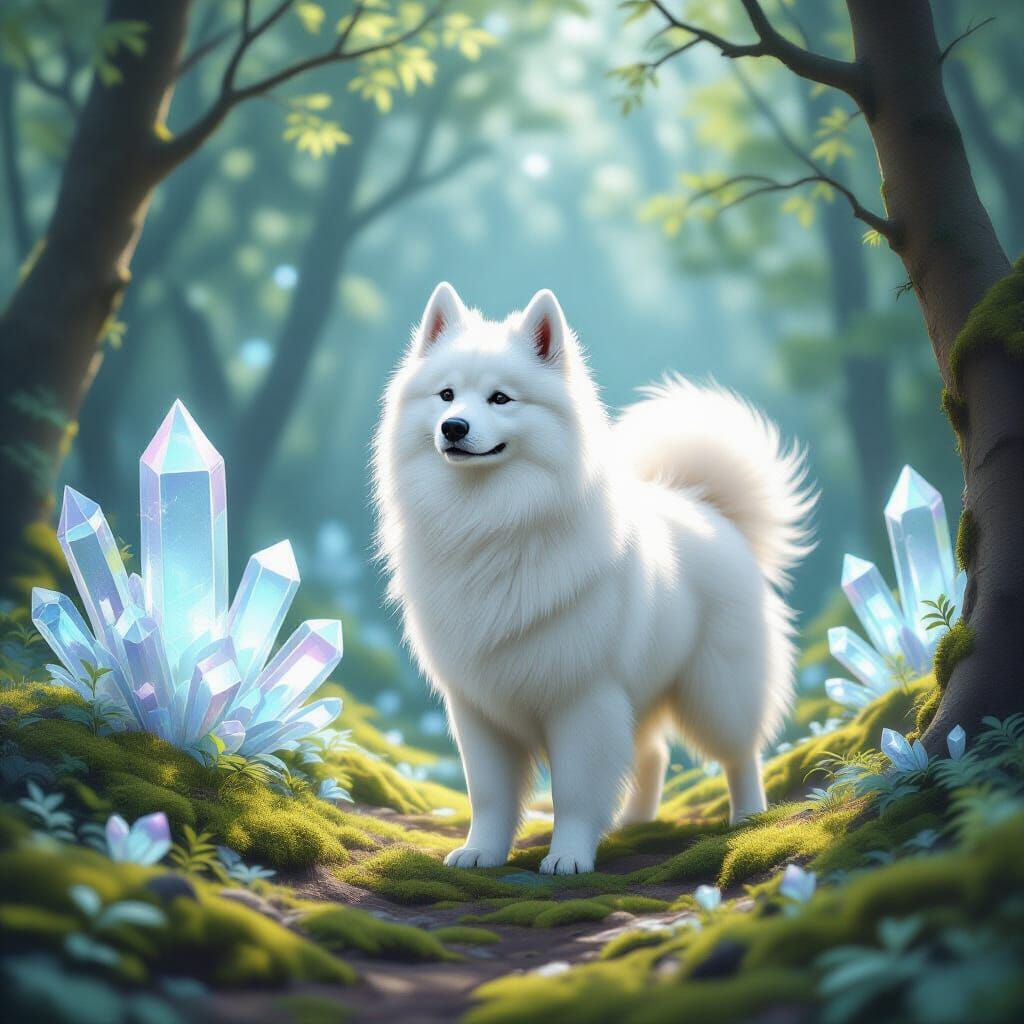 Majestic Samoyed in Luminous Crystal Grove
