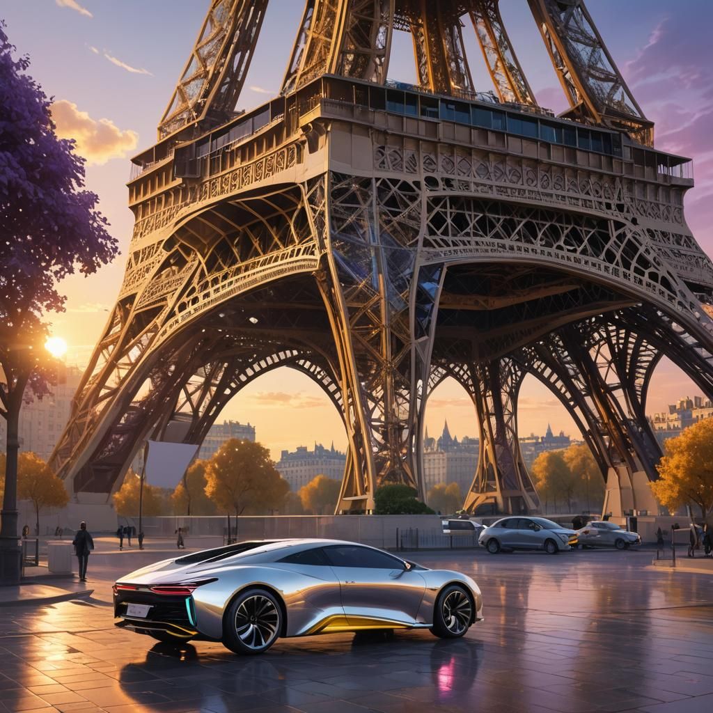Futuristic Vehicle at Eiffel Tower, Year 2500, 8K Concept Ar...