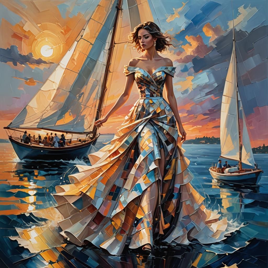 Abstract Woman Sailing at Sunset: Oil Painting