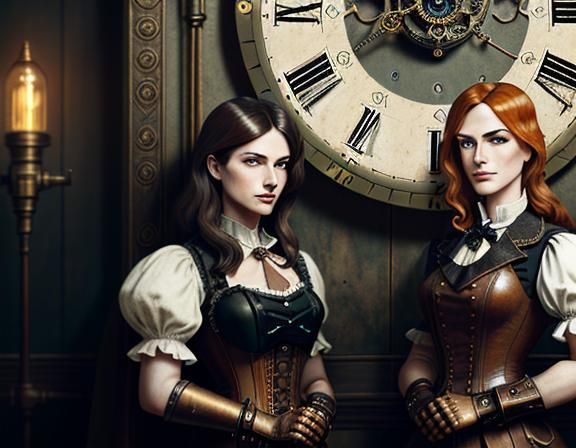 Steampunk Twins in Time Machine: Dark Fantasy Art
