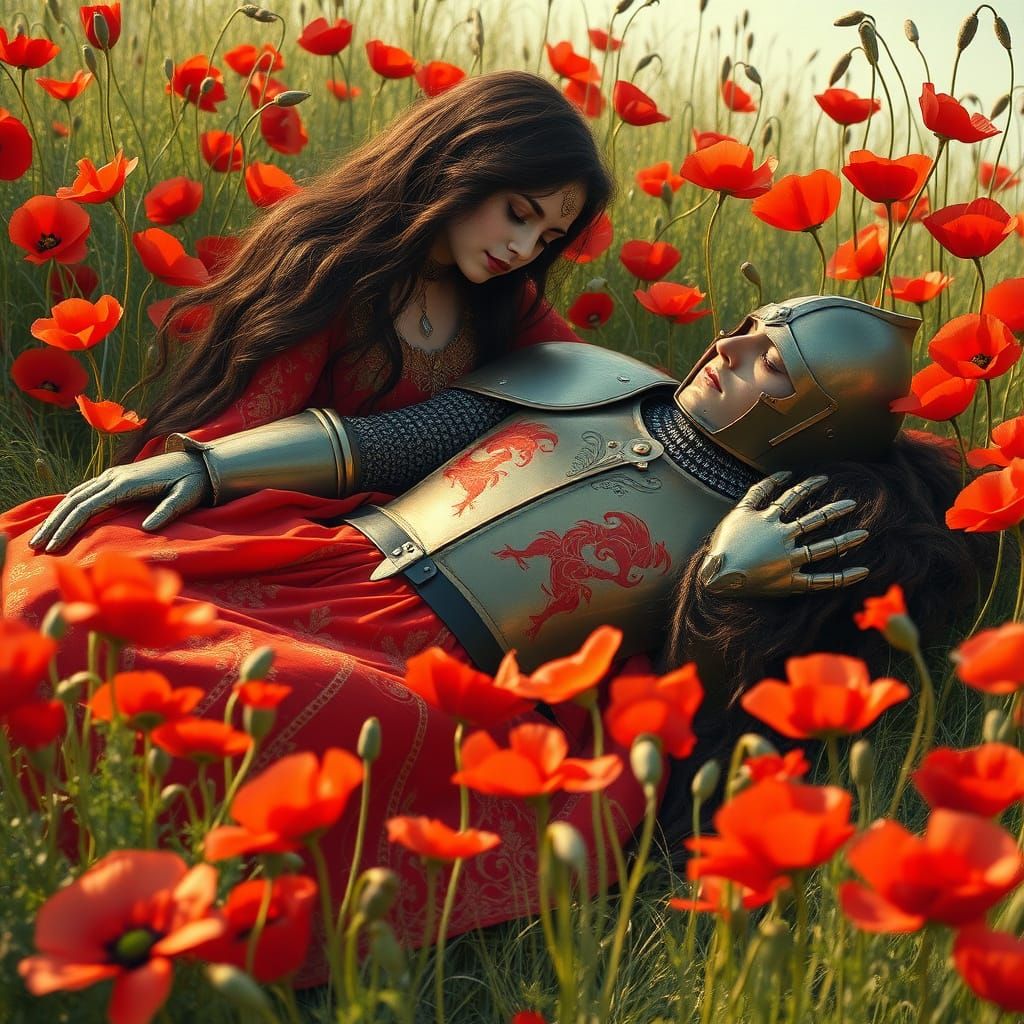 Surreal Pre-Raphaelite Beauty Sits Beside Sleeping Knight in...