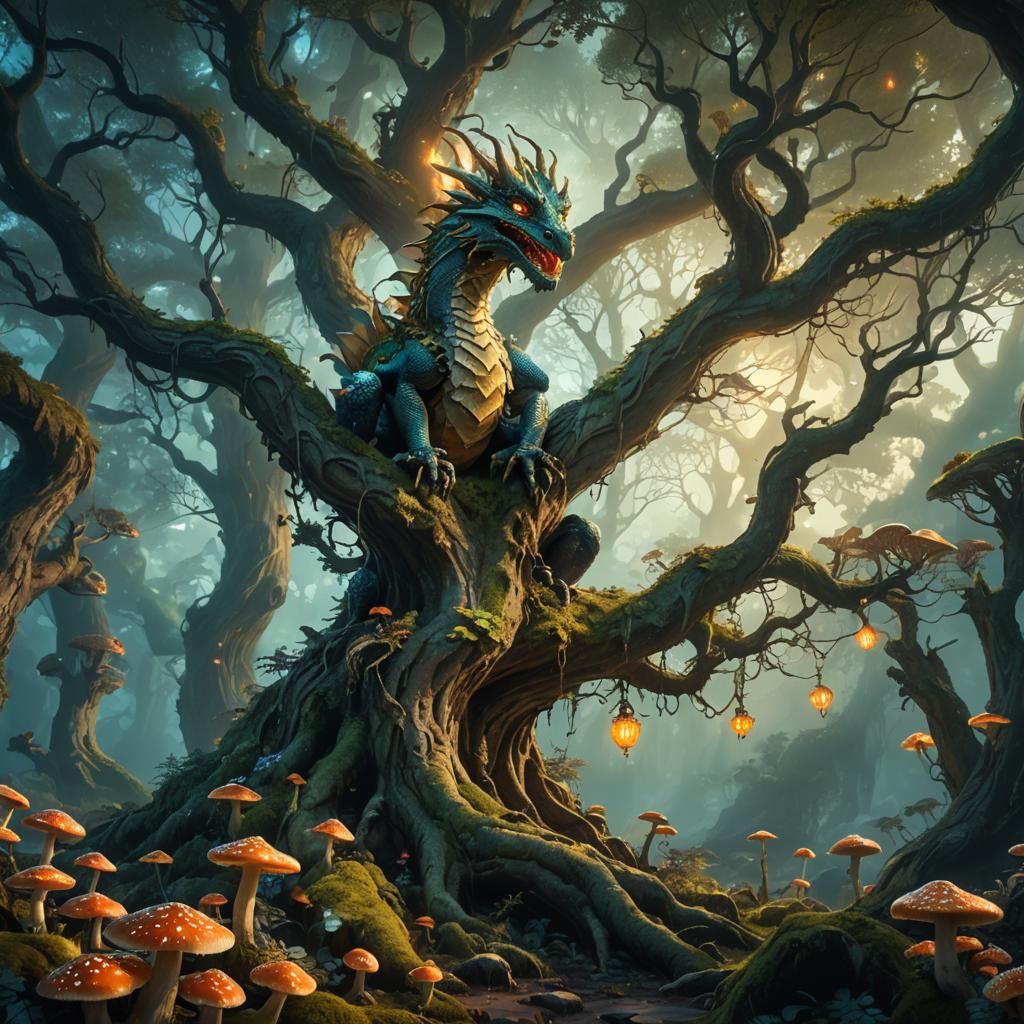 Whimsical Dragon in Mystical Forest Concept Art
