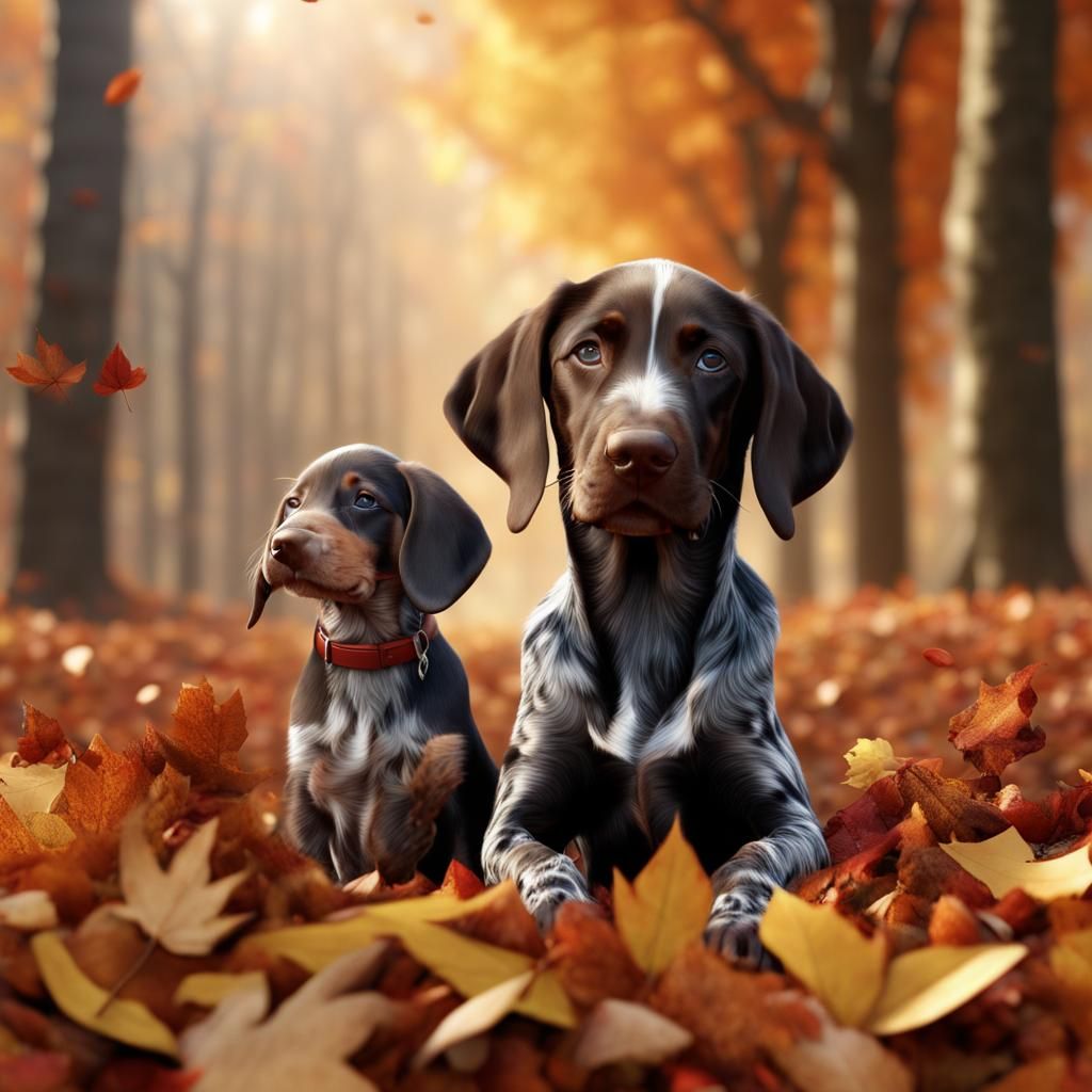 a lively German Shorthaired Pointer puppy, a german shepherd and a very cute dachshund puppy playing in pile of fall lea...