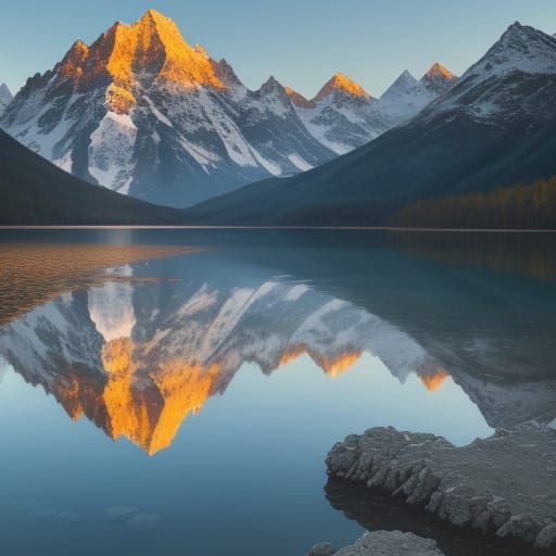 Majestic Mountain Lake Scene in Warm Golden Hour Light