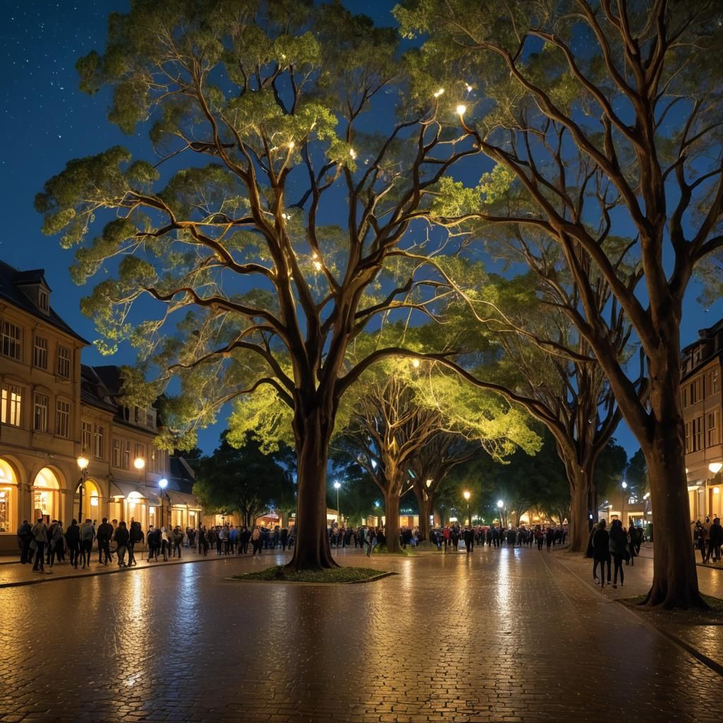 Impressionist City Square at Night with Starry Influence
