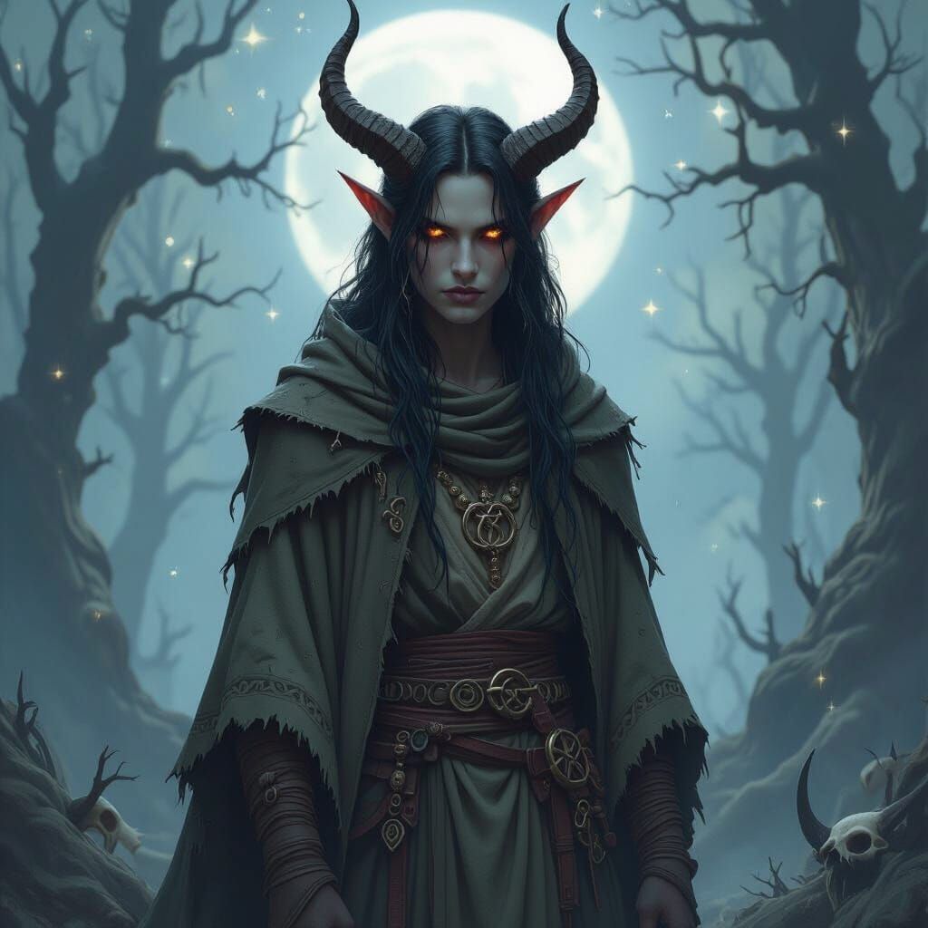 Hexblood Tiefling in Eerie Forest, Dark Fantasy Art