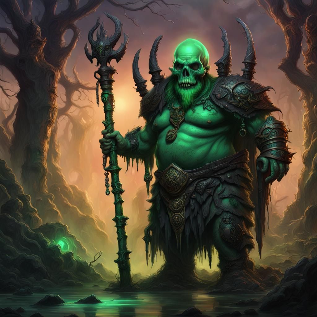 Obese Dwarf Necromancer with Skull Staff in Swamp