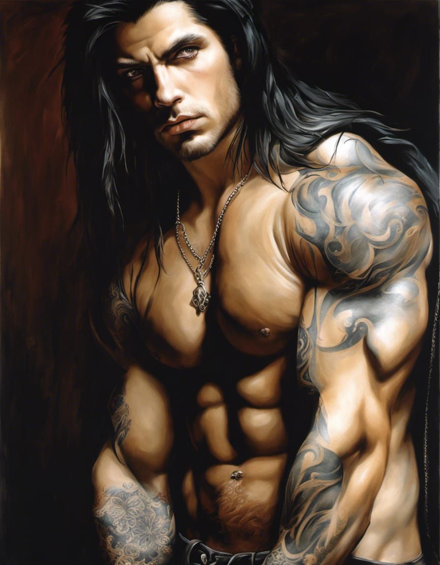Gothic Oil Painting of Toned Man with Tattoos