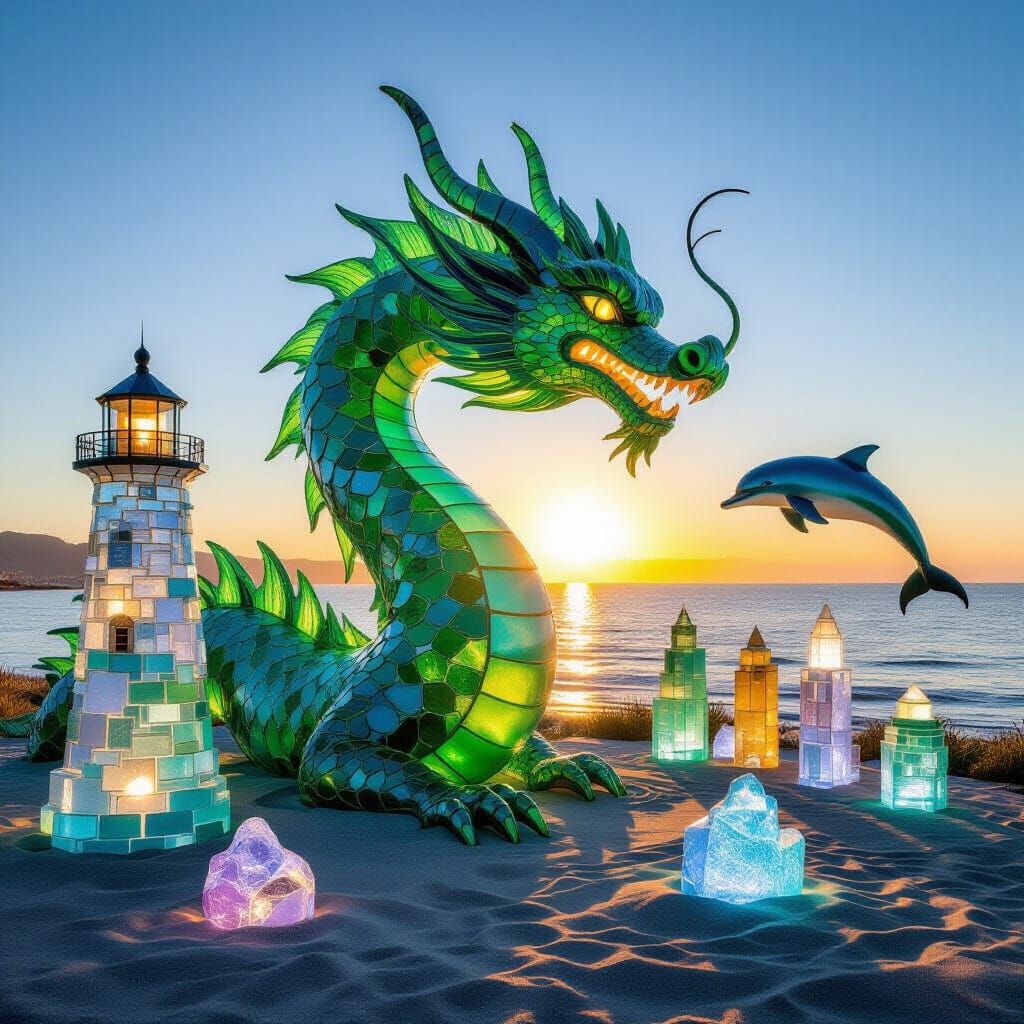 Sea Glass Dragon Sculpture at Golden Hour