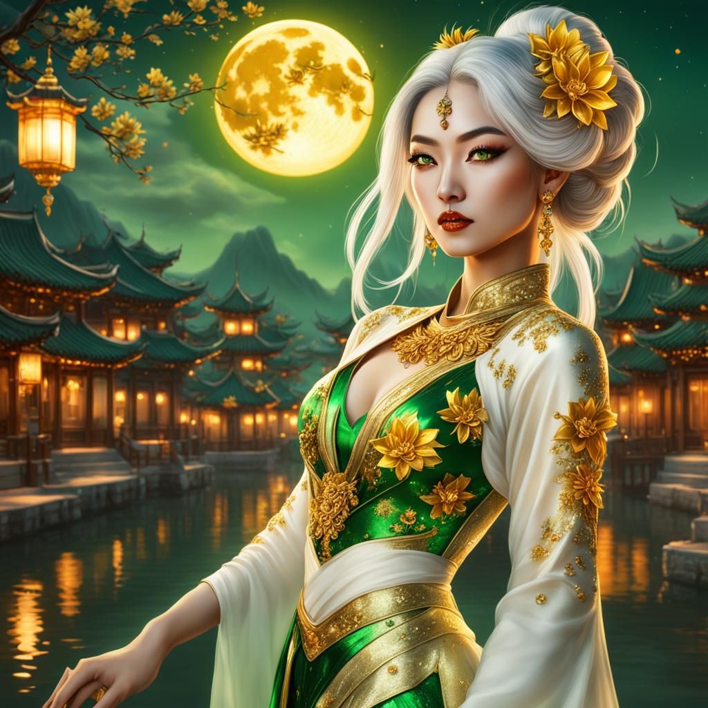 Asian Woman in Gold Garment, Splash Art Style