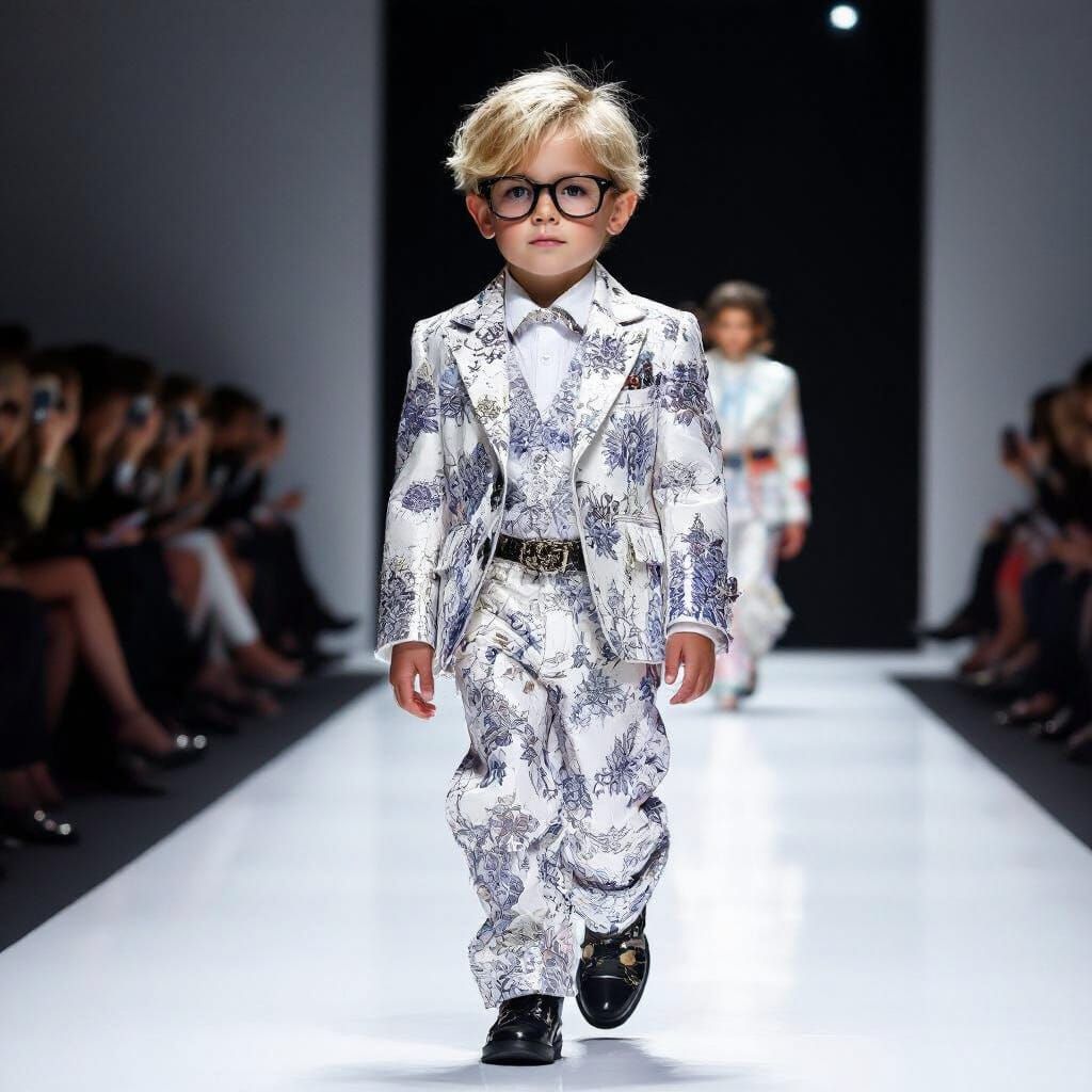 Blonde Boy Walks Runway in Designer Fashion